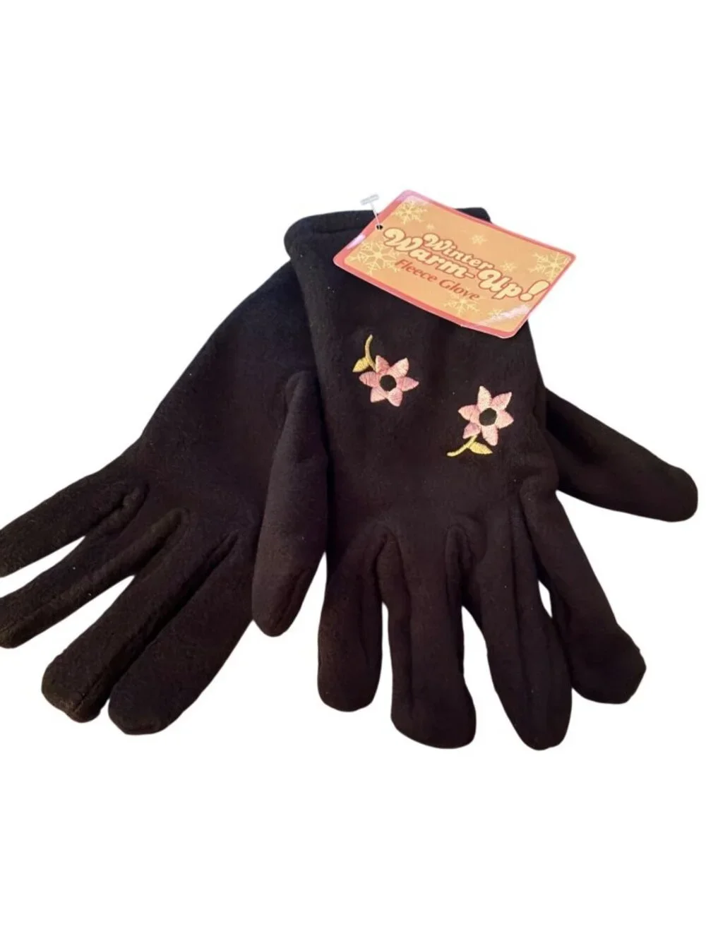 Womens Warm-Up Embroidered Fleece Gloves Black 1 Size Fits All Floral Design NWT